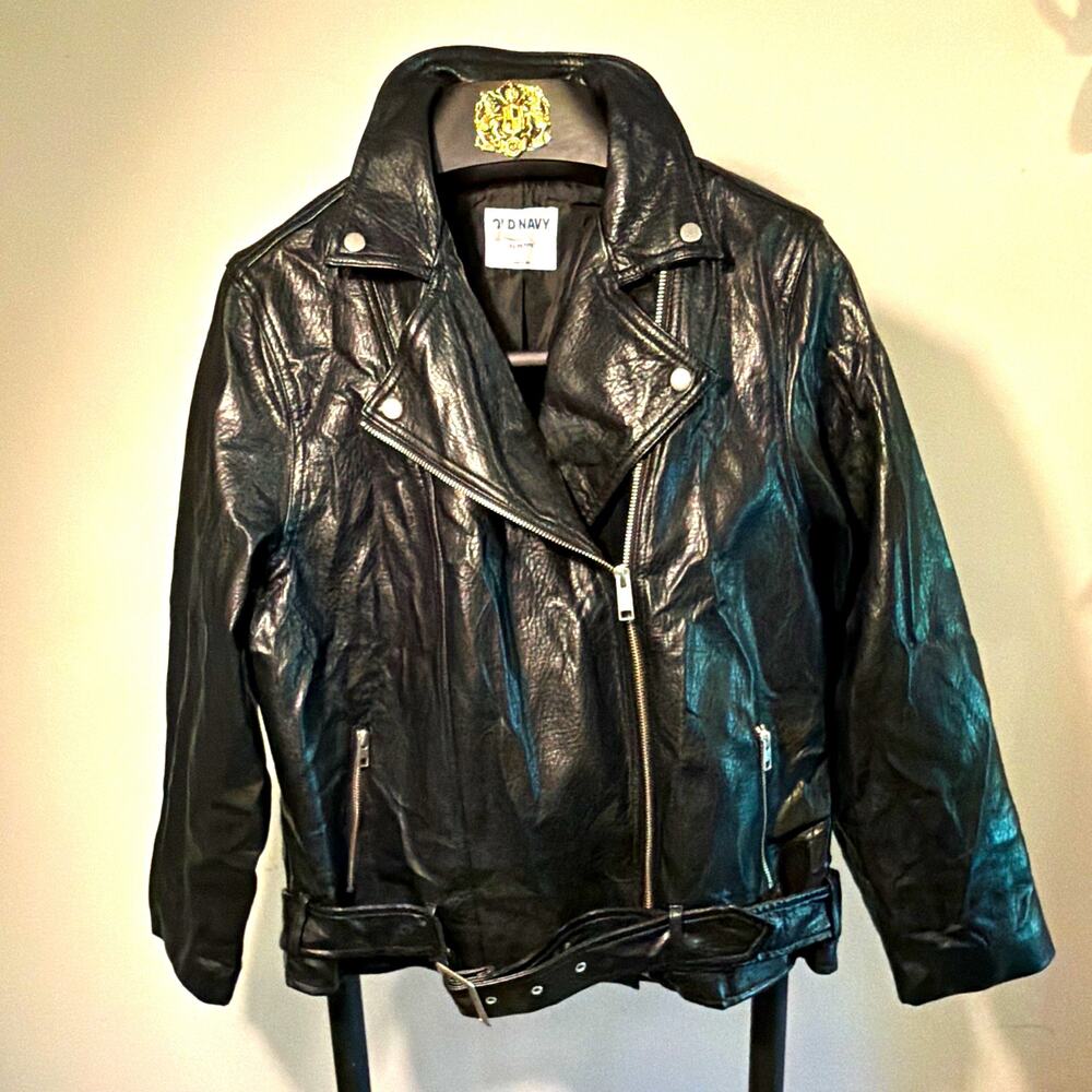 Old Navy Women’s Black Moto Biker Jacket XL Petite Belted Lined Zip Pockets Mint